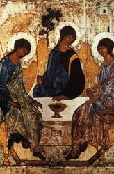 Alttestamentliche Dreifaltigkeit von Andrei Rublev, ca. 1410 - 1420, Tempera auf Holz